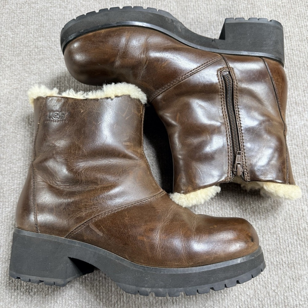 UGG Australia 5330 Brown Leather Shearling Platform Boots Vintage Y2K Womens 9